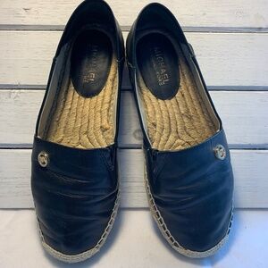 Michael Kors Black Leather Espadrilles Slip-On MK Logo Summer Flats Size 8